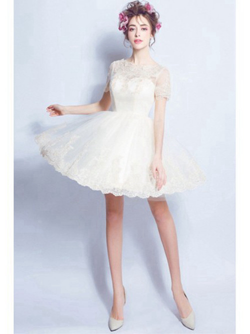 A-line Jewel Lace Sleeves Short Wedding Dress