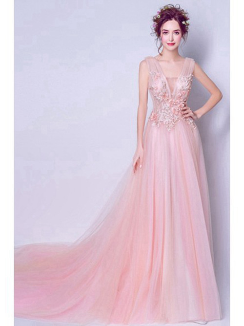 A-line V Neck Sweep Train Tulle Pink Wedding Dress Applique