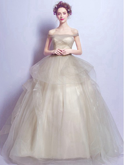 A-line Off Shoulder Floor Length Organza Bridal Dress