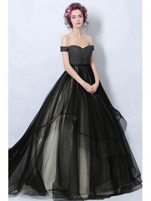 A-line Off Shoulder Organza Black White Wedding Dress