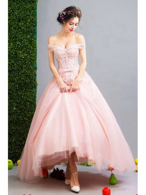 A-line Off Shoulder Floor Length Organza Pink Wedding Wear Appli