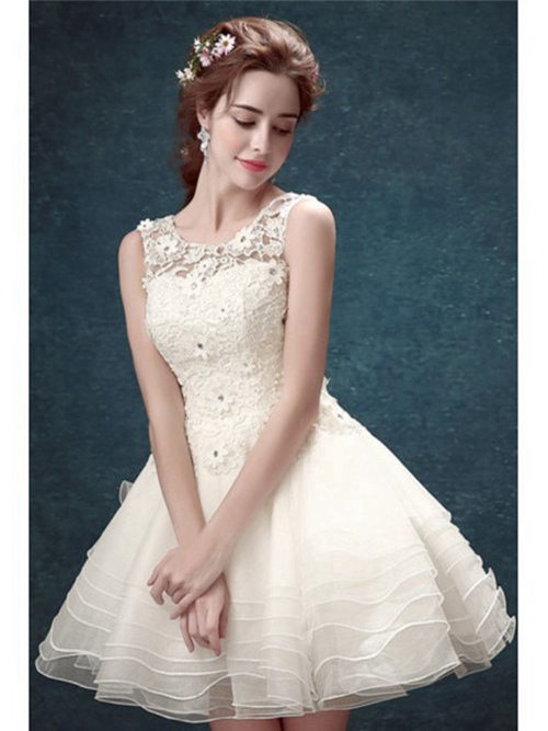 Princess Scoop Organza Short Lace Wedding Dress Applique