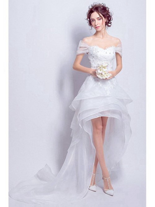 A-line Off Shoulder High Low Organza Wedding Wear Applique
