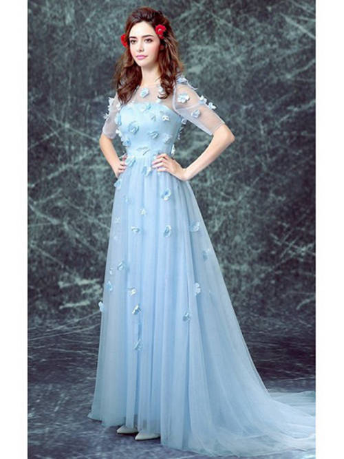 A-line Sheer Brush Train Tulle Colorful Wedding Wear Applique