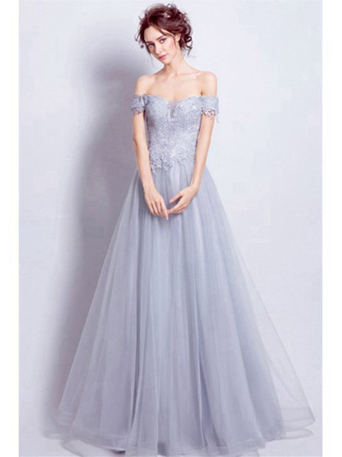 A-line Off Shoulder Floor Length Organza Wedding Gown Applique