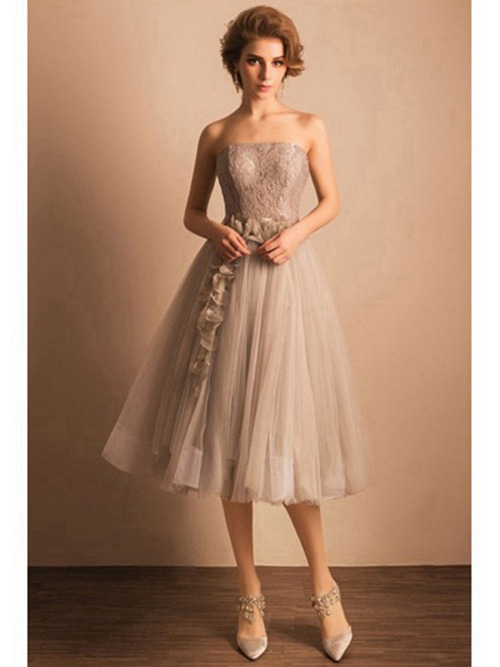 A-line Strapless Tea Length Tulle Lace Bridal Dress Ruffles