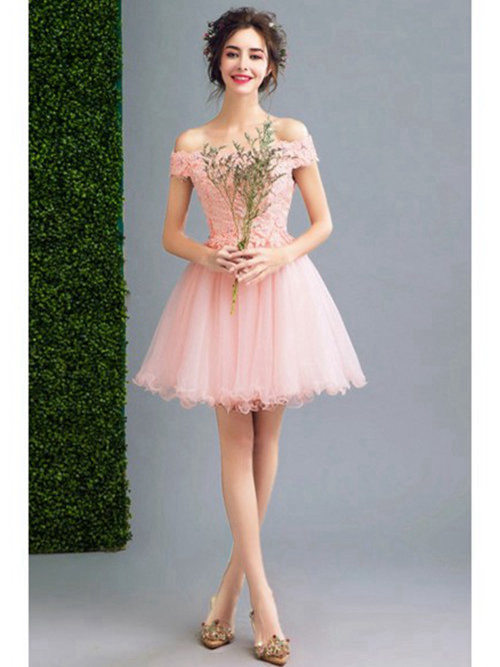 A-line Off Shoulder Organza Lace Short Pink Bridal Wear