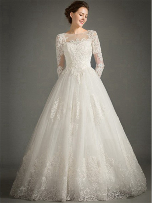 A-line Sheer Floor Length Lace Sleeves Wedding Wear