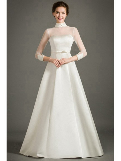 A-line High Neck Floor Length Tulle Sleeves Satin Wedding Dress