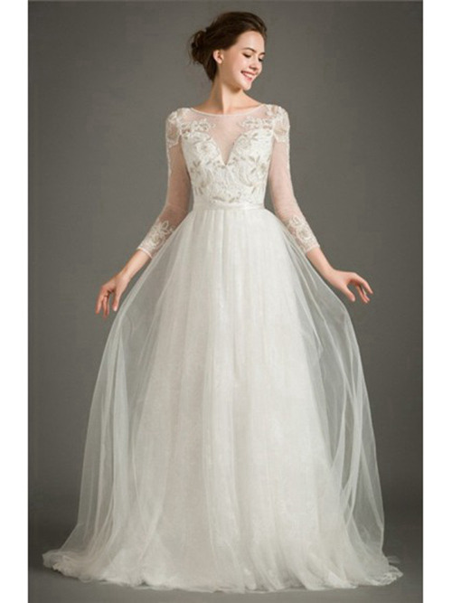 A-line Sheer Long Tulle Sleeves Wedding Dress Applique