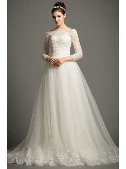 A-line Off Shoulder Long Lace Sleeves Organza Bridal Dress