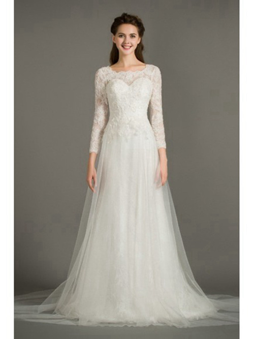 A-line Square Long Lace Sleeves Tulle Wedding Dress