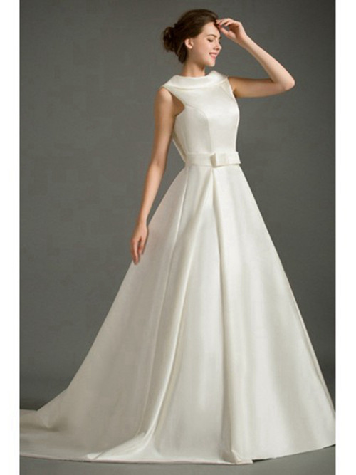 A-line Jewel Long Satin Wedding Wear
