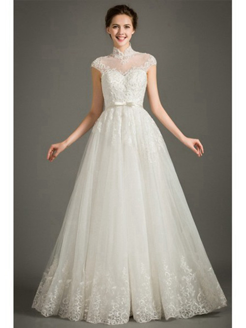 A-line High Neck Floor Length Organza Lace Bridal Wear