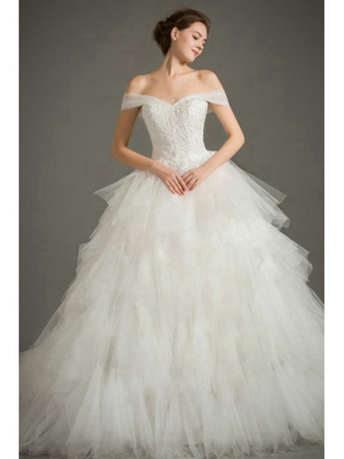 A-line Off Shoulder Long Organza Bridal Wear Applique