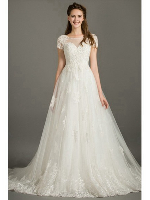A-line Sheer Organza Lace Sleeves Bridal Gown