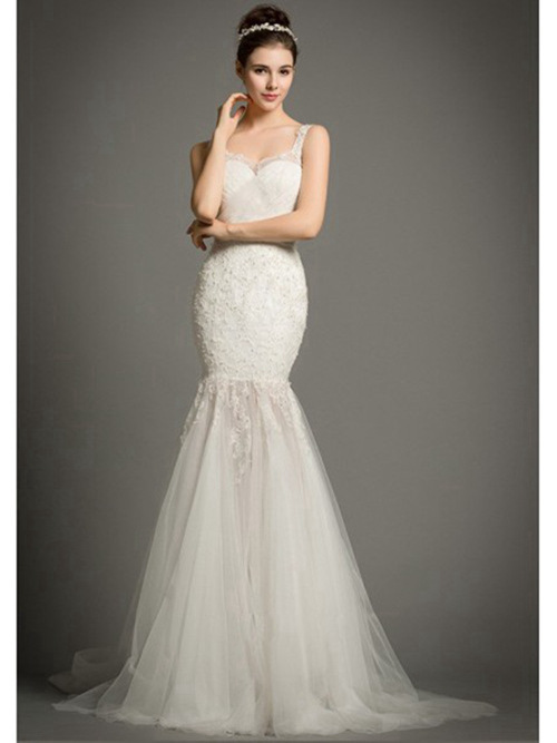 Mermaid Straps Tulle Lace Wedding Gown Applique