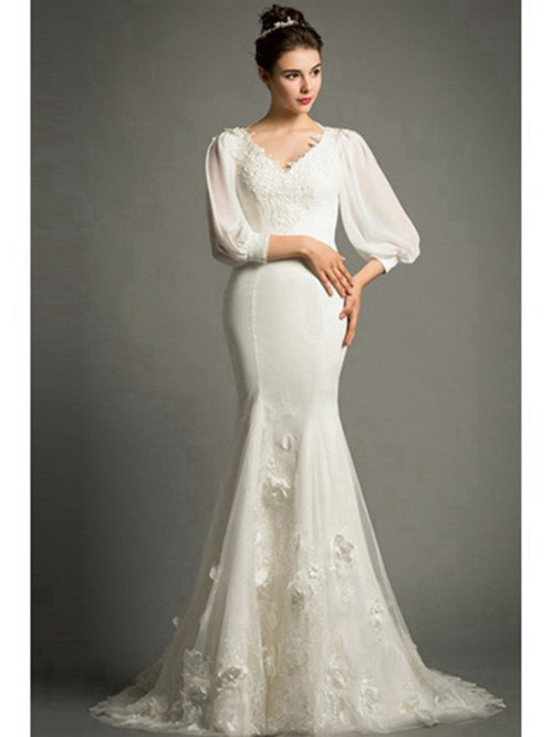 Mermaid V Neck Chiffon Sleeves Wedding Gown Applique [VIVIDRESS6267 ...