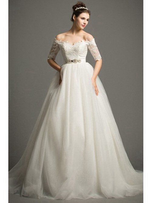 A-line Off Shoulder Long Lace Sleeves Organza Wedding Wear