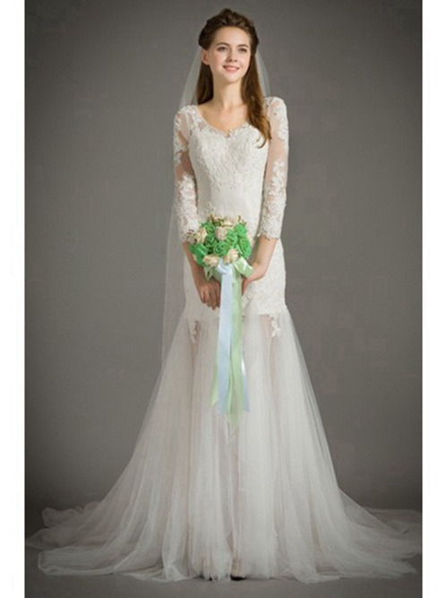 Mermaid V Neck Sweep Train Lace Sleeves Tulle Bridal Wear