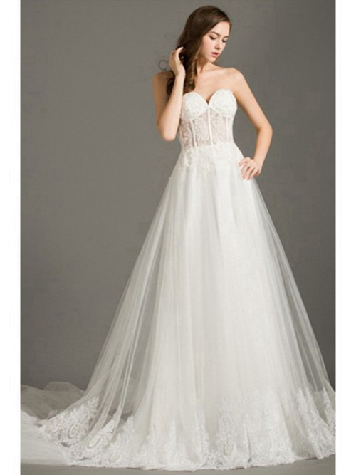 A-line Sweetheart Sweep Train Organza Lace Bridal Dress