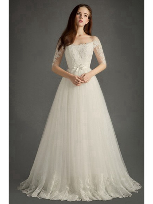A-line Off Shoulder Sweep Train Organza Lace Sleeves Wedding Dre