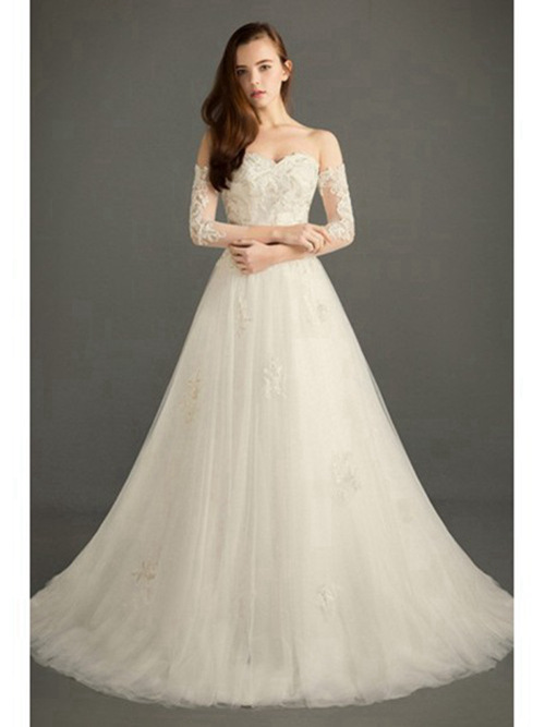 A-line Sweetheart Sweep Train Lace Sleeves Organza Bridal Dress