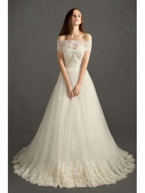 A-line Off Shoulder Sweep Train Lace Organza Wedding Dress