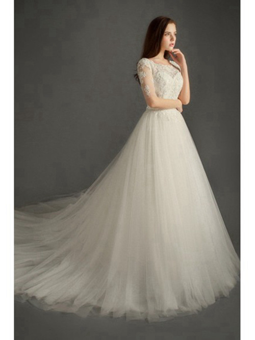 A-line Scoop Lace Sleeves Organza Bridal Wear