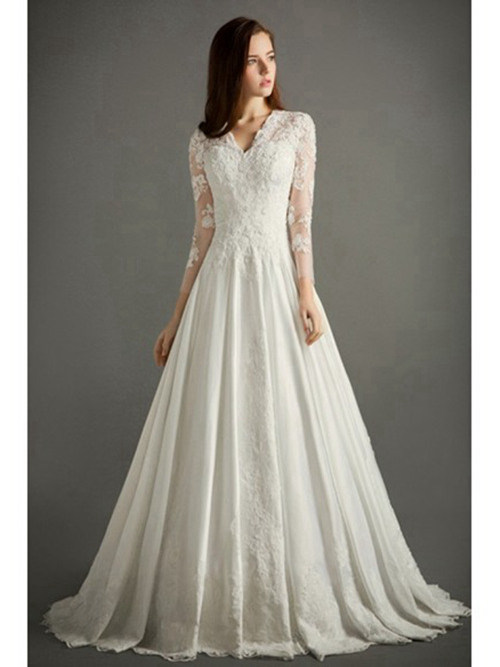A-line V Neck Long Sleeves Wedding Gown