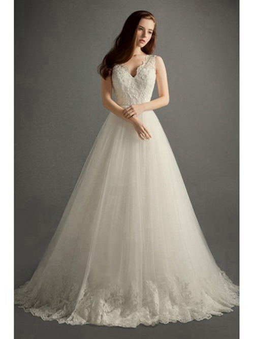 A-line V Neck Lace Organza Bridal Wear