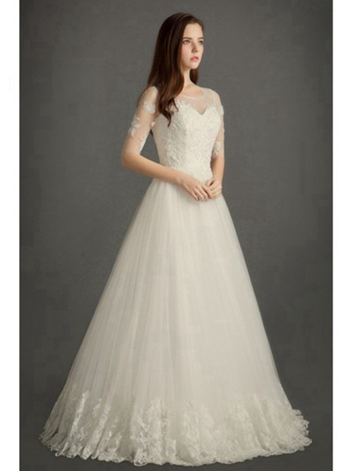A-line Sheer Lace Organza Sleeves Wedding Gown