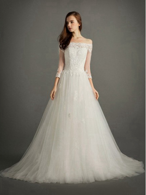 A-line Off Shoulder Organza Sleeves Lace Wedding Gown