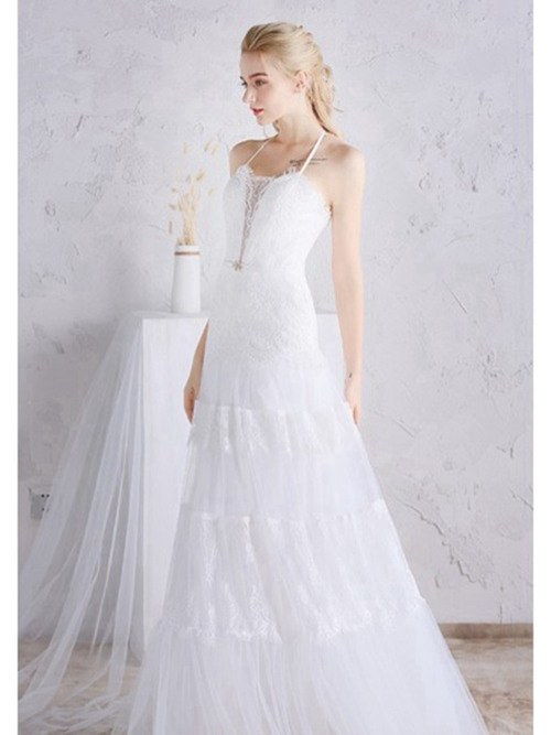 A-line Spaghetti Straps Tulle Lace Wedding Gown