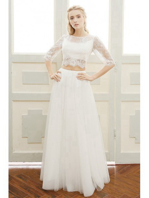 A-line Scoop Organza Lace Sleeves 2 Pieces Bridal Dress
