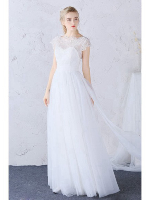 A-line Bateau Floor Length Organza Lace Wedding Dress