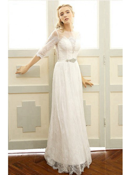 A-line Sheer Floor Length Lace Sleeves Bridal Wear