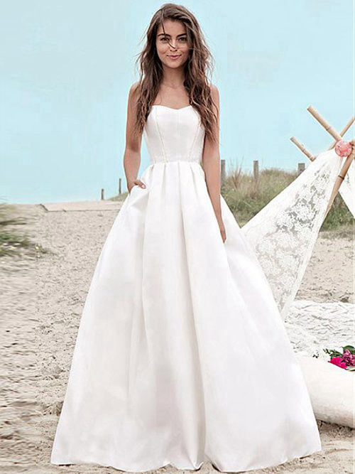 A-line Sweetheart Floor Length Satin Beach Bridal Wear