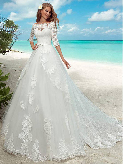 A-line Off Shoulder Court Train Lace Sleeves Beach Wedding Wear