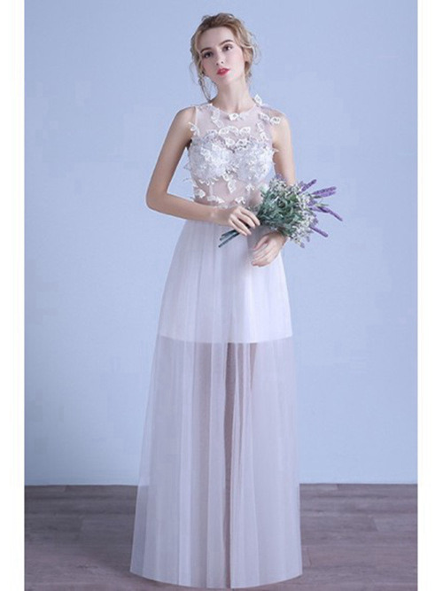 A-line Jewel Floor Length Tulle Wedding Dress Applique