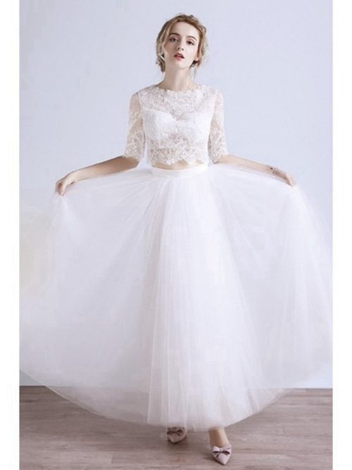 A-line Jewel Lace Sleeves 2 Piece Organza Wedding Dress
