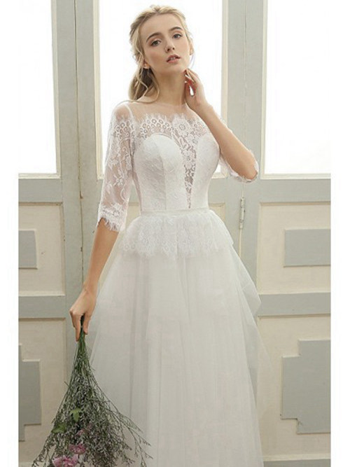 A-line Sheer Lace Sleeves Organza Beach Bridal Dress