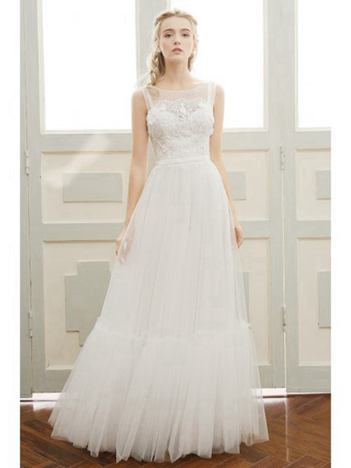 A-line Sheer Floor Length Tulle Lace Beach Wedding Dress