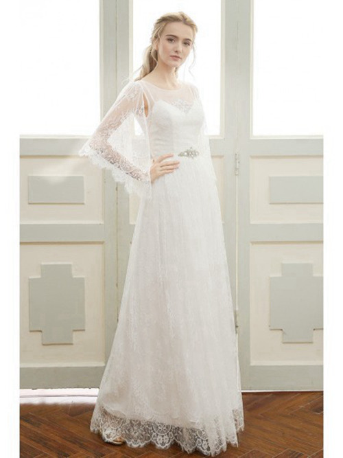 A-line Sheer Floor Length Lace Sleeves Beach Wedding Dress