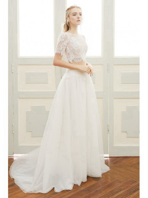 A-line Bateau Lace Sleeves Organza 2 Piece Wedding Gown