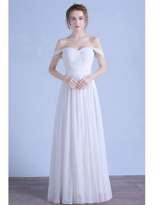 A-line Off Shoulder Floor Length Chiffon Beach Bridal Gown