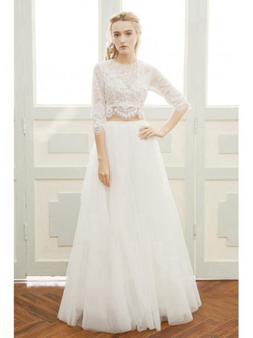 A-line Jewel Floor Length Organza Lace Sleeves 2 Piece Bridal We