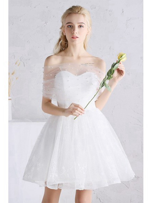 A-line Sweetheart Organza Short Bridal Dress Pearls
