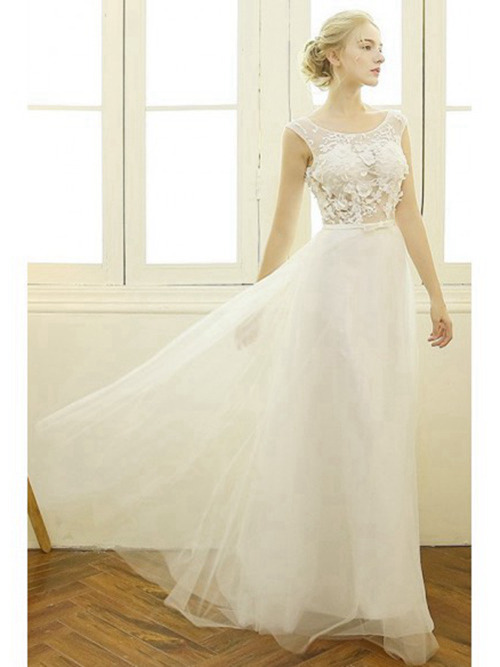 A-line Scoop Floor Length Organza Beach Wedding Gown Applique