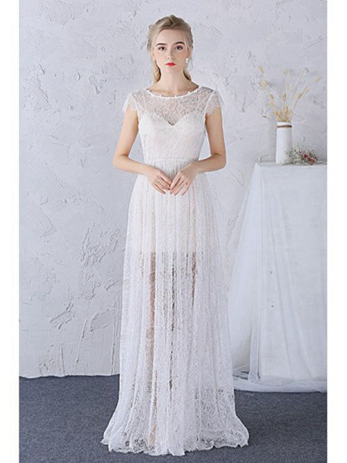 A-line Scoop Floor Length Lace Wedding Wear